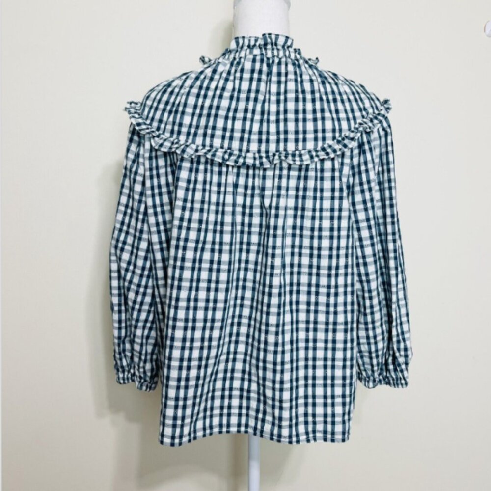 G00331 Universal Threads Blouse Teal White Gingham Ruffle Long Sleeve MEDIUM - Picture 7 of 10
